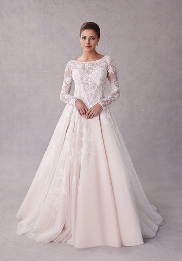 Illusion Boat neck long sleeves Wedding Gown with Back Bow